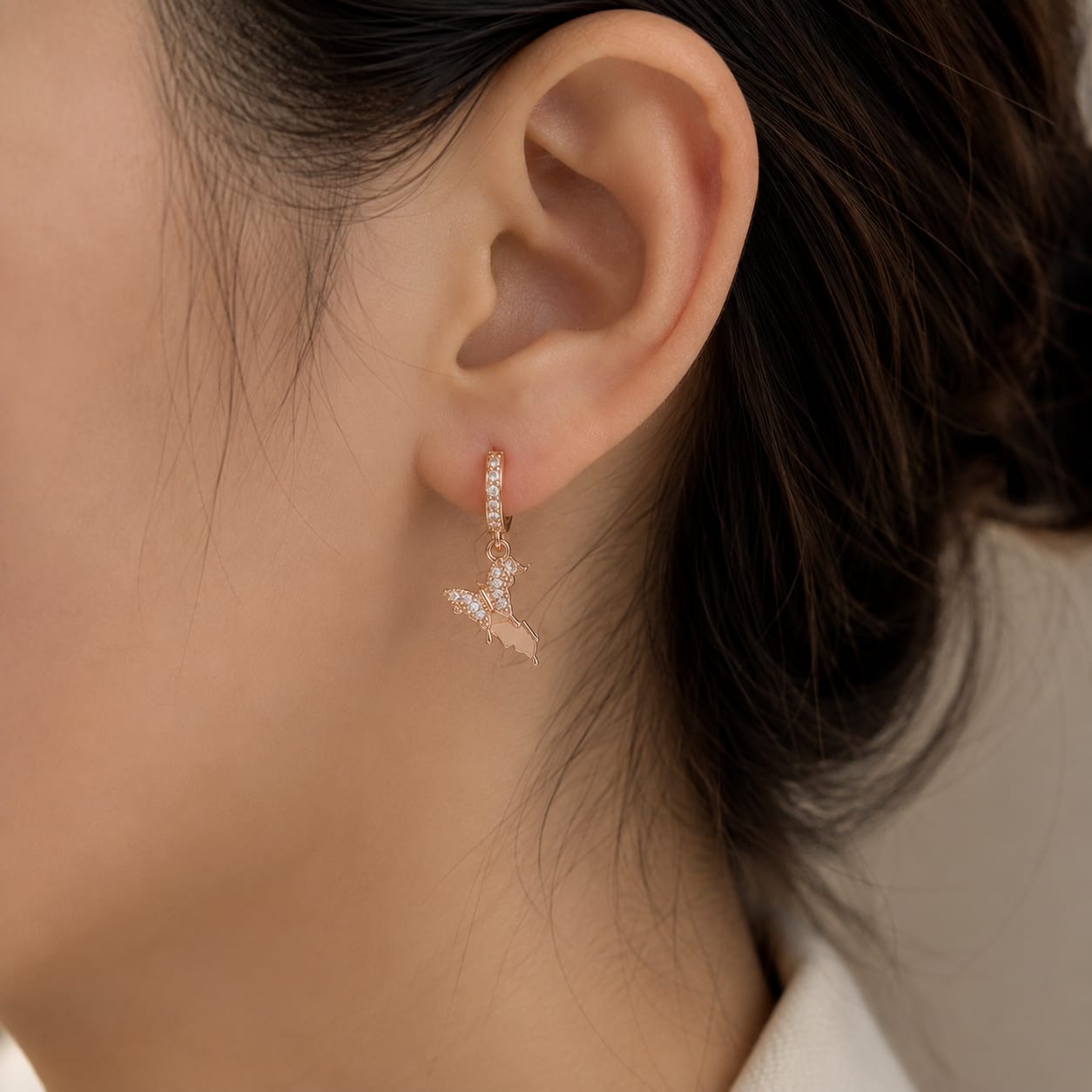 Rose Gold Butterfly Crystal Drop Earrings