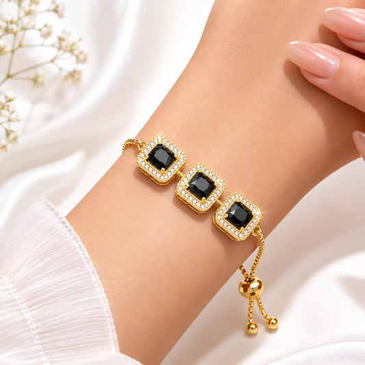 Royal Black Crystal Adjustable Gold Bracelet