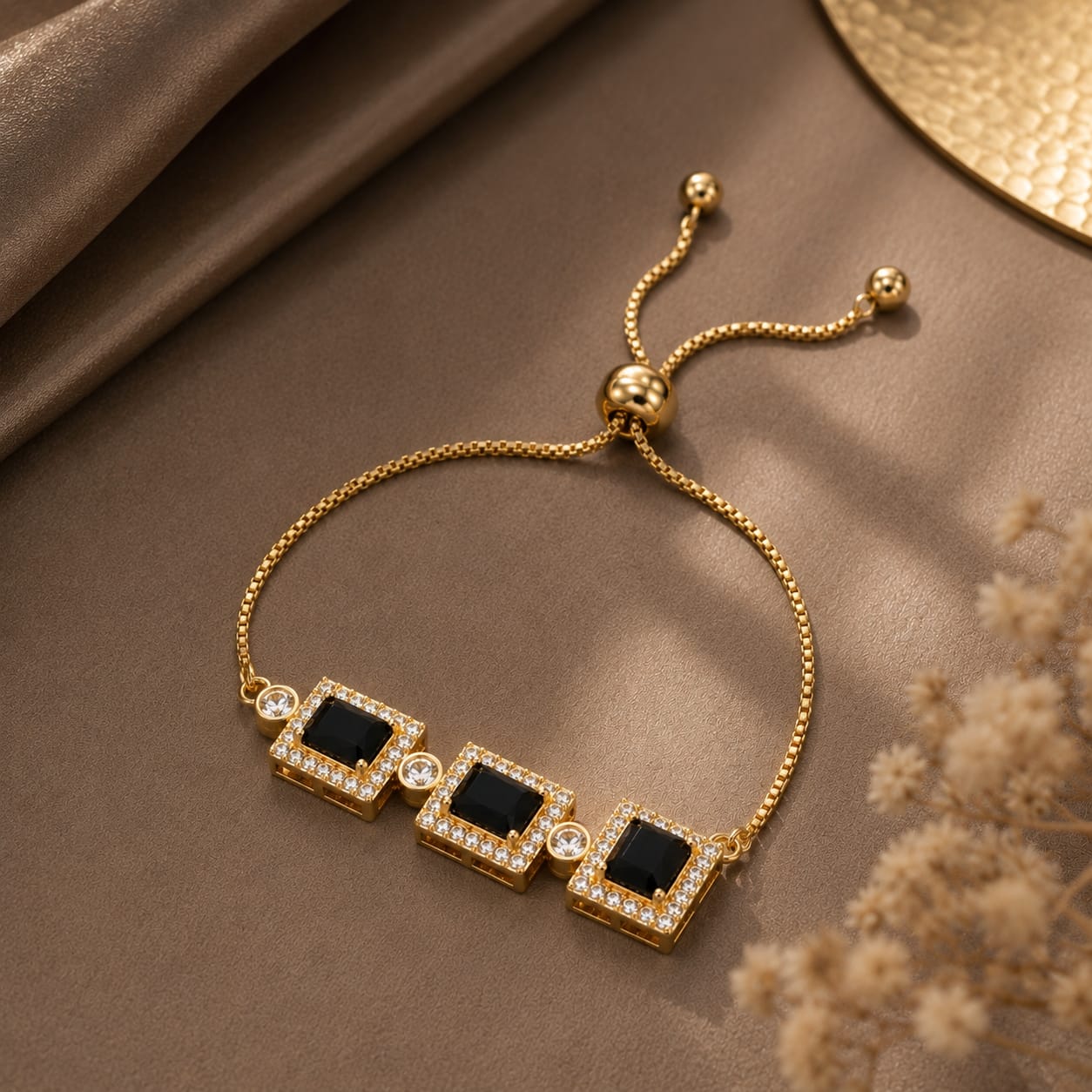 Black Onyx Crystal Adjustable Gold Bracelet