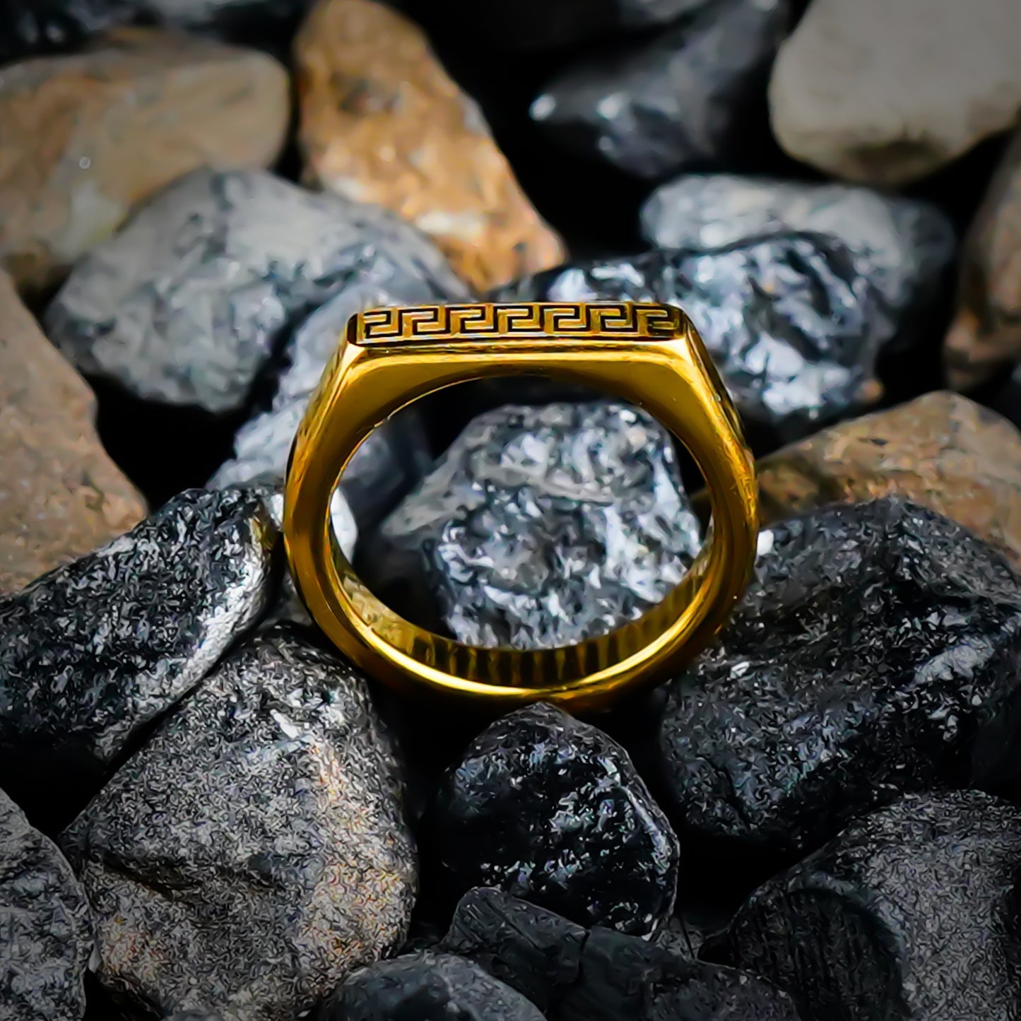 Elegant Gold Plated Greek Key Signet Ring – Minimalist Versace-Style Band for Men