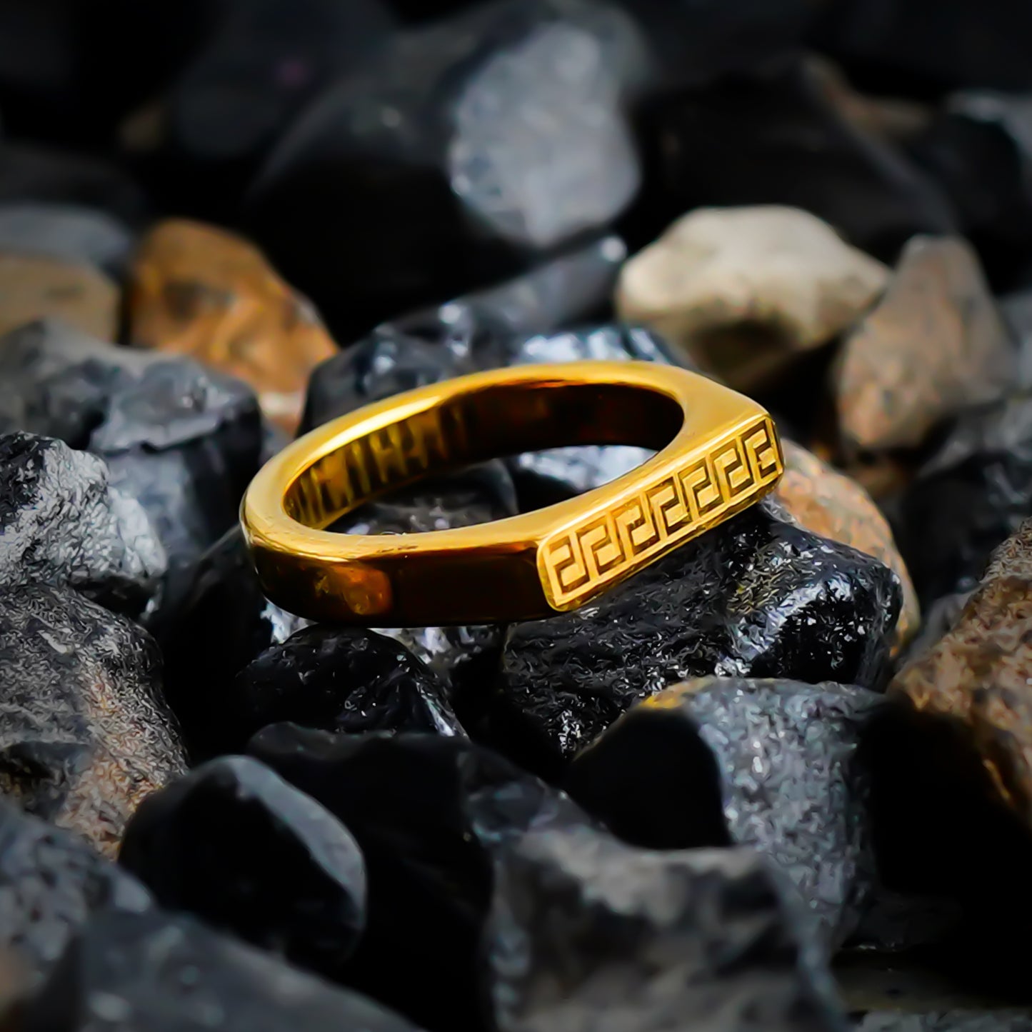 Elegant Gold Plated Greek Key Signet Ring – Minimalist Versace-Style Band for Men