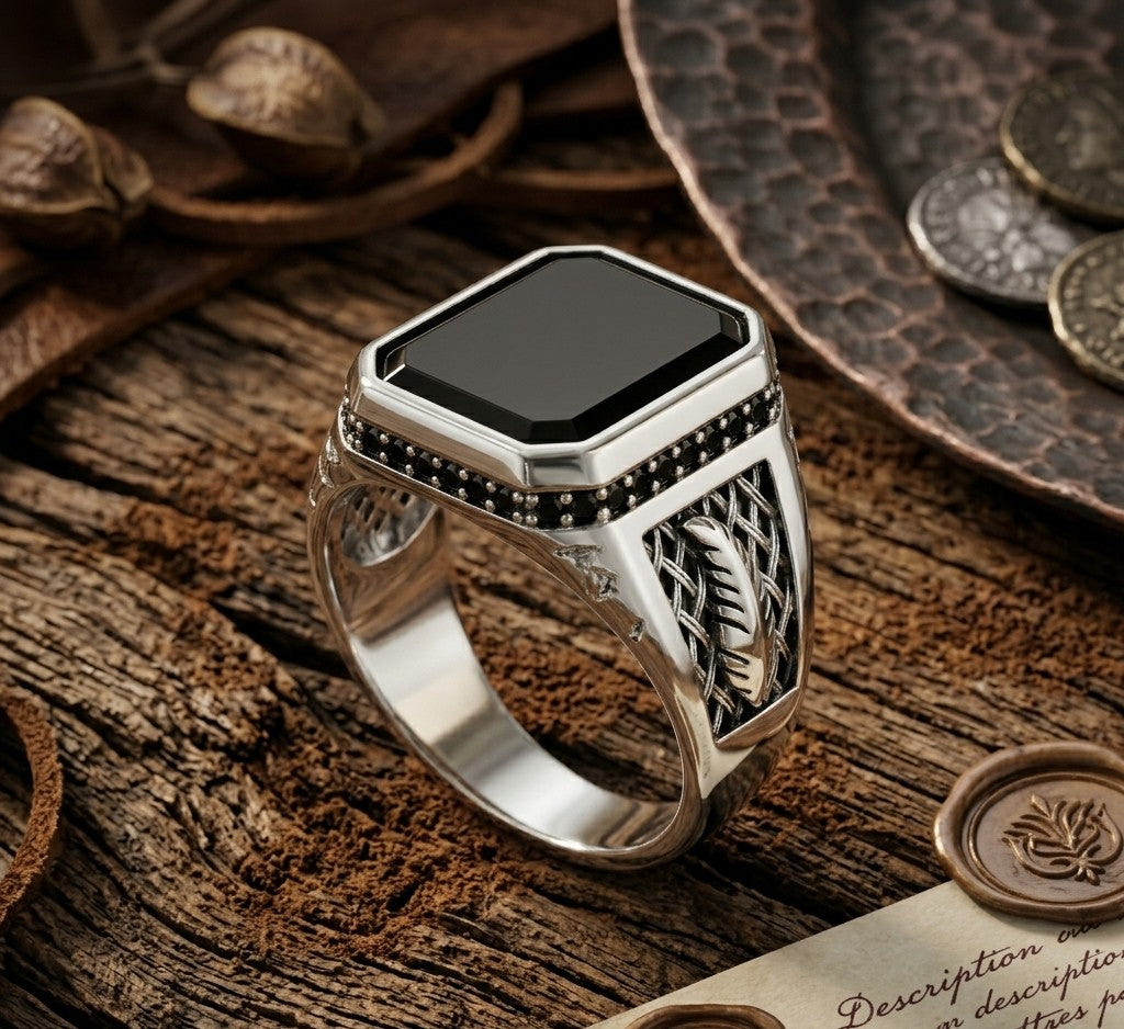 Obsidian Lattice Signet Ring – Sterling Silver Men’s Heritage Band