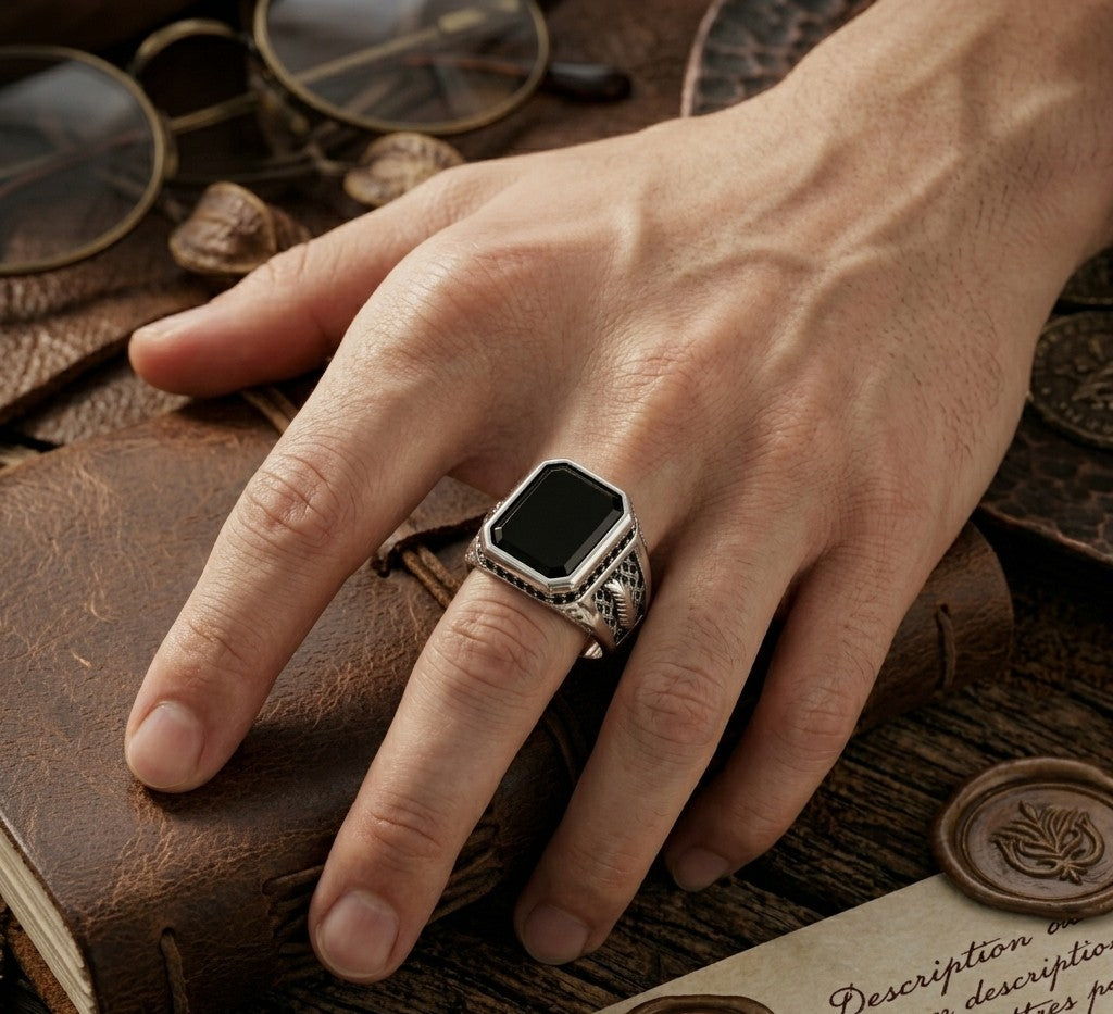 Obsidian Lattice Signet Ring – Sterling Silver Men’s Heritage Band