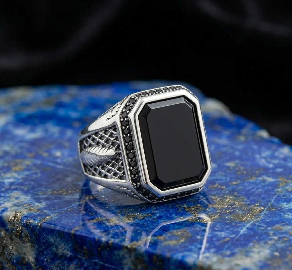 Obsidian Lattice Signet Ring – Sterling Silver Men’s Heritage Band