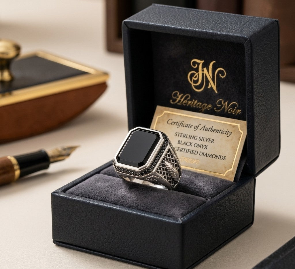 Obsidian Lattice Signet Ring – Sterling Silver Men’s Heritage Band