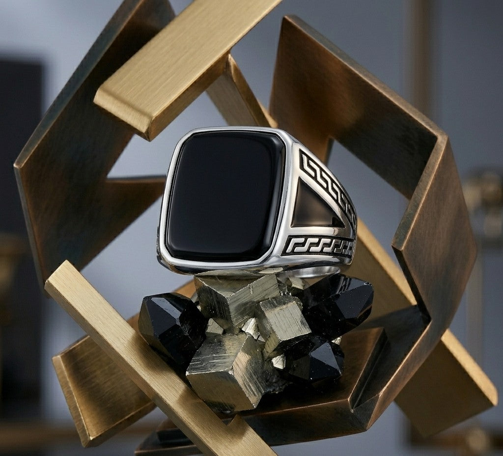 Black Onyx Geometric Silver Ring – Premium Men’s Statement Ring