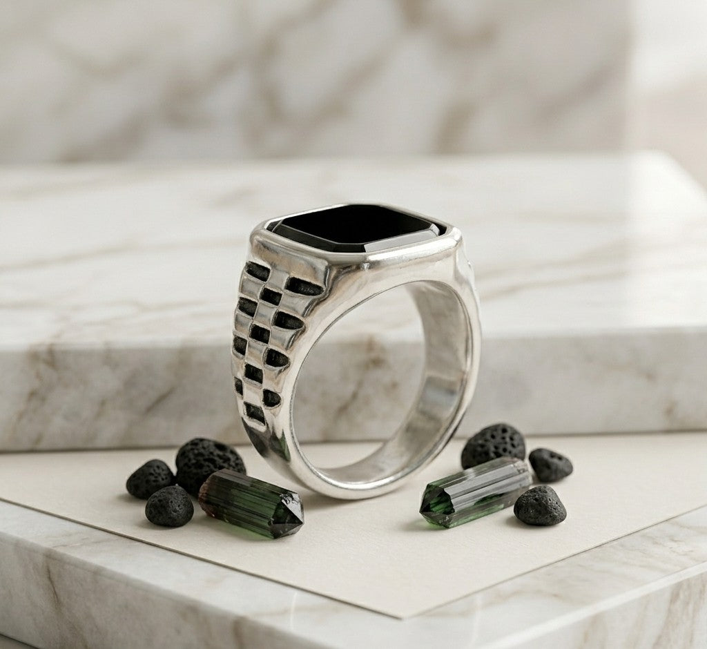 The Titan Onyx – Men’s Industrial Link Sterling Silver Signet Ring