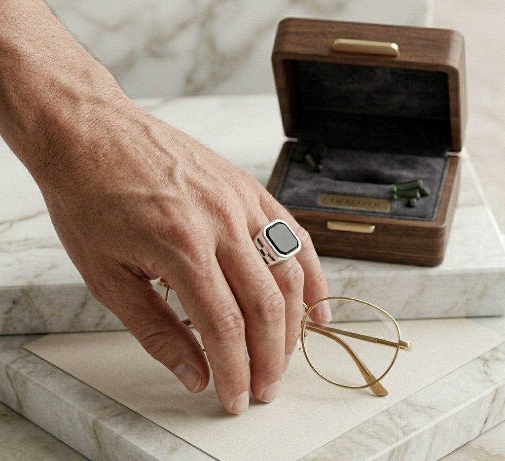 The Titan Onyx – Men’s Industrial Link Sterling Silver Signet Ring