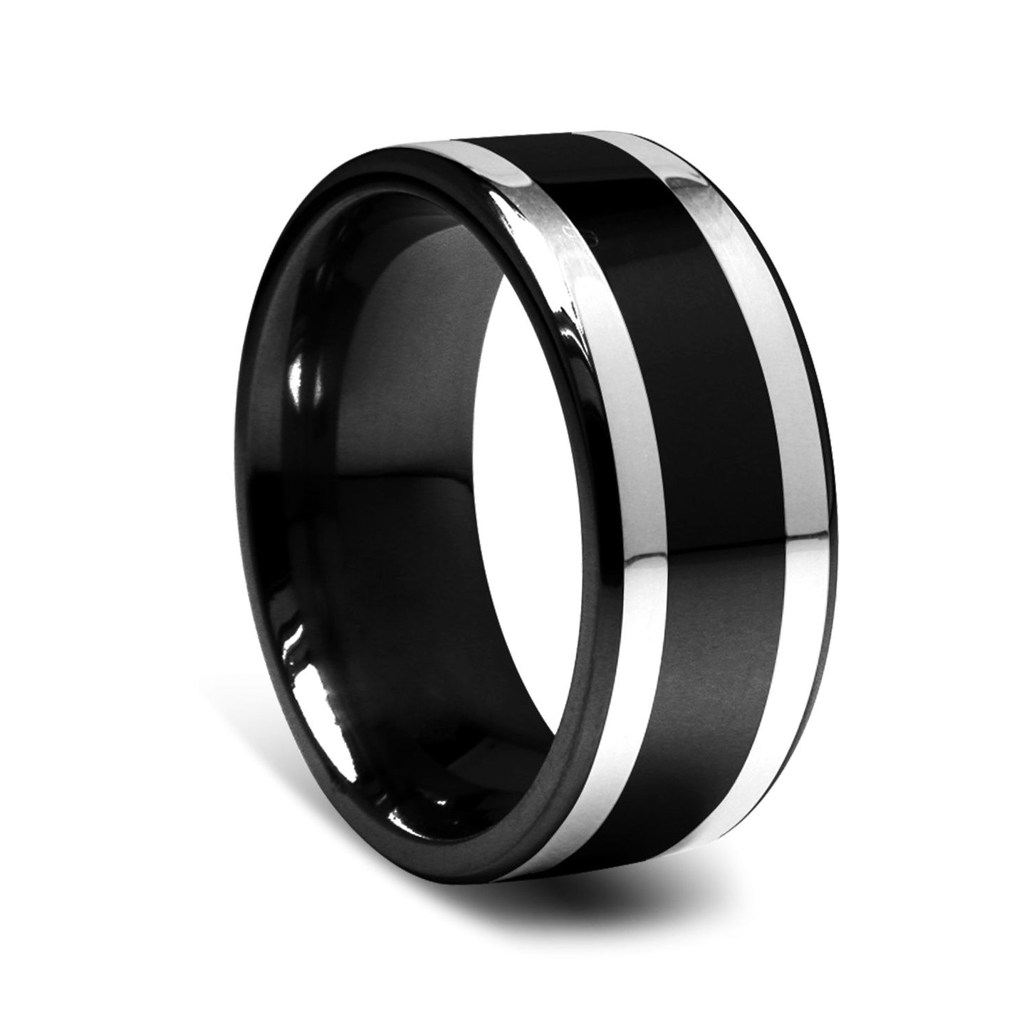Stealth Black Carbon Fiber Inlay Ring – Brushed Silver Men's Statement Band