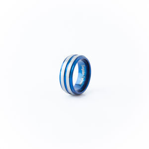 Men’s Electric Blue & Silver Striped Band – Two-Tone Tungsten-Style Statement Ring