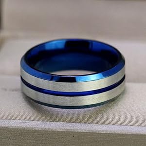 Men’s Electric Blue & Silver Striped Band – Two-Tone Tungsten-Style Statement Ring
