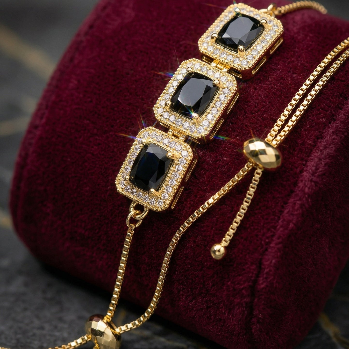 Royal Black Crystal Adjustable Gold Bracelet