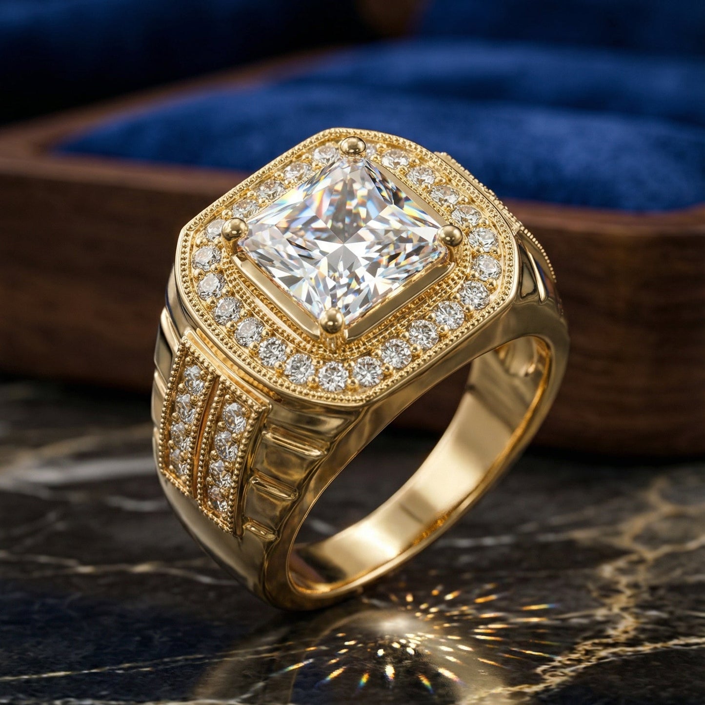 Royal Square Crystal Gold Statement Ring