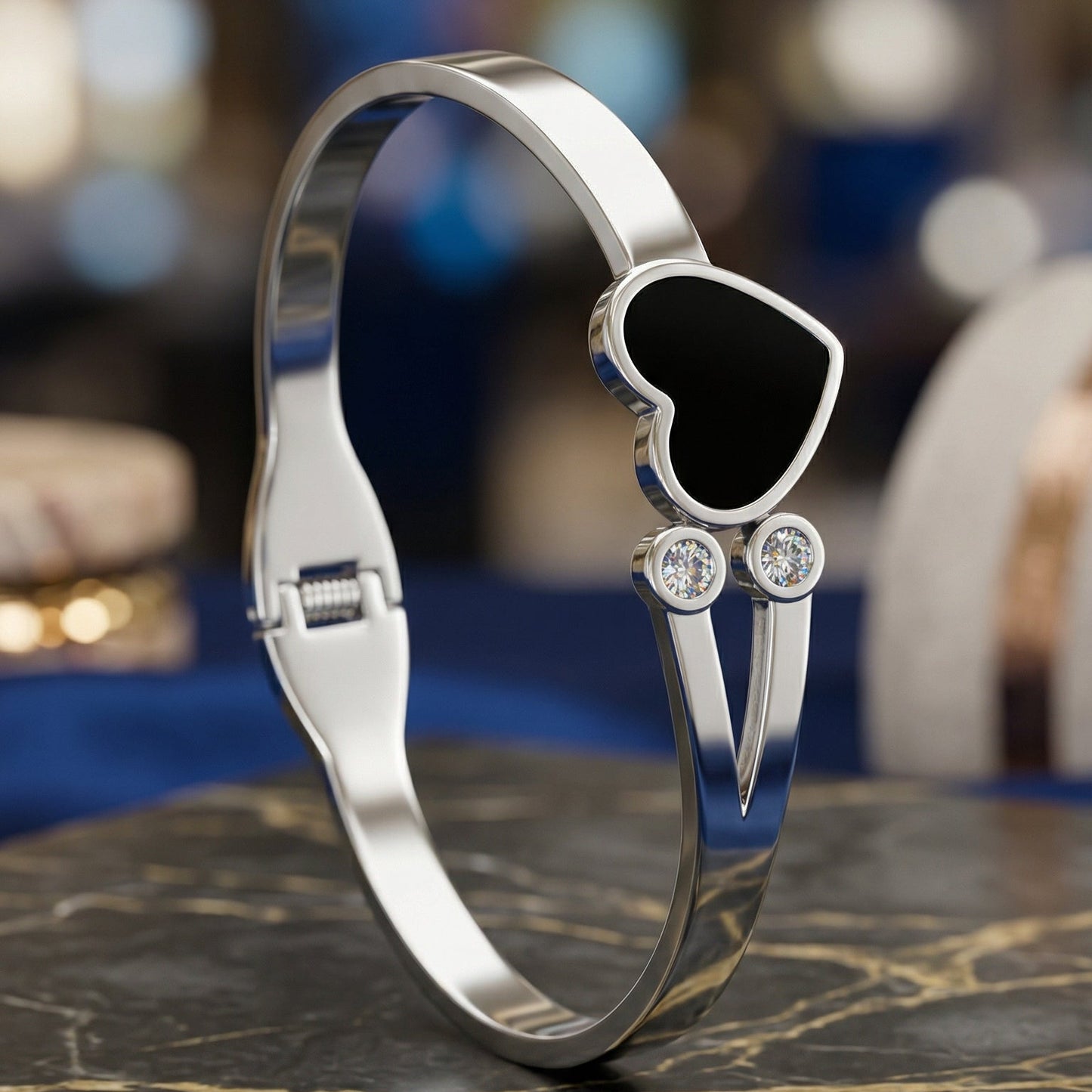 Black Heart Crystal Silver Bangle Bracelet