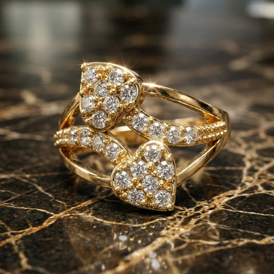 Golden Twin Heart Crystal Ring