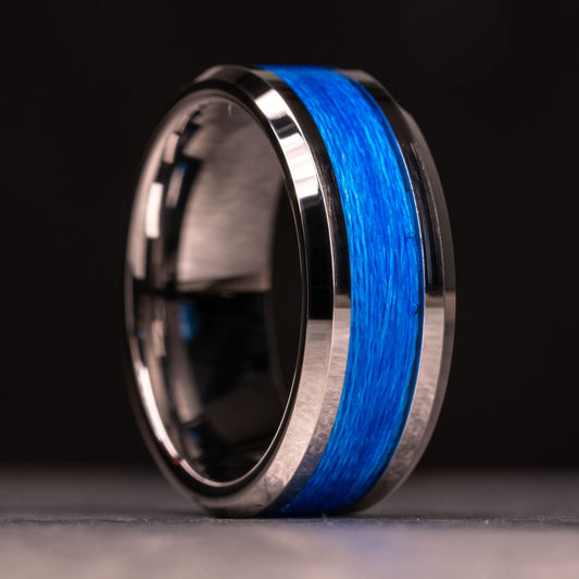 Men's Blue Carbon Fiber Inlay Ring– Polished Silver Luxury Ring