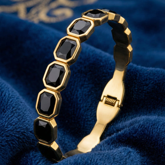 Black Onyx Hexagon Gold Bangle Bracelet