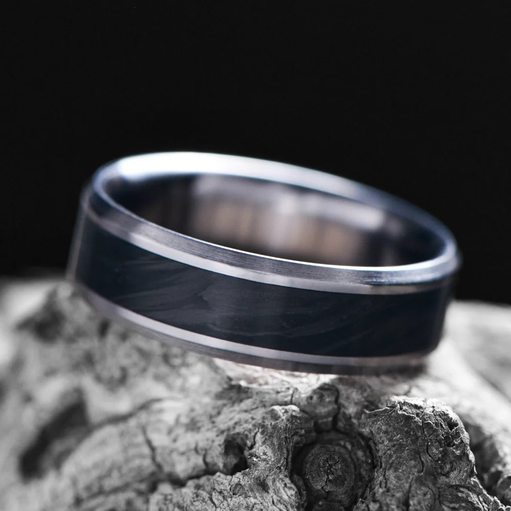 Stealth Black Carbon Fiber Inlay Ring – Brushed Silver Men's Statement Band