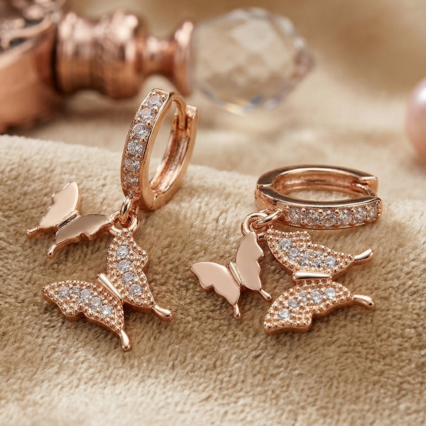 Rose Gold Butterfly Crystal Drop Earrings