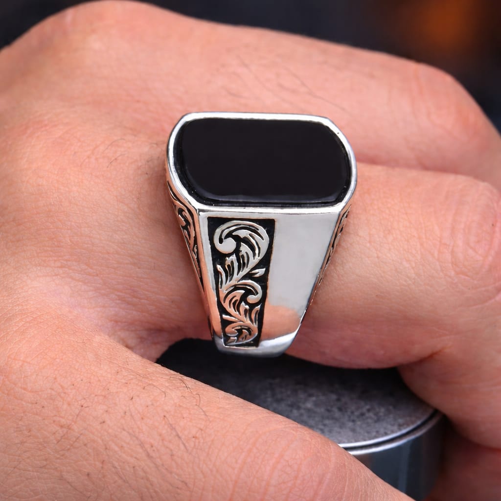 Royal Black Stone Silver Signet Ring for Men