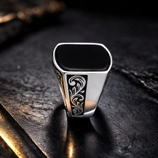 Royal Black Stone Silver Signet Ring for Men
