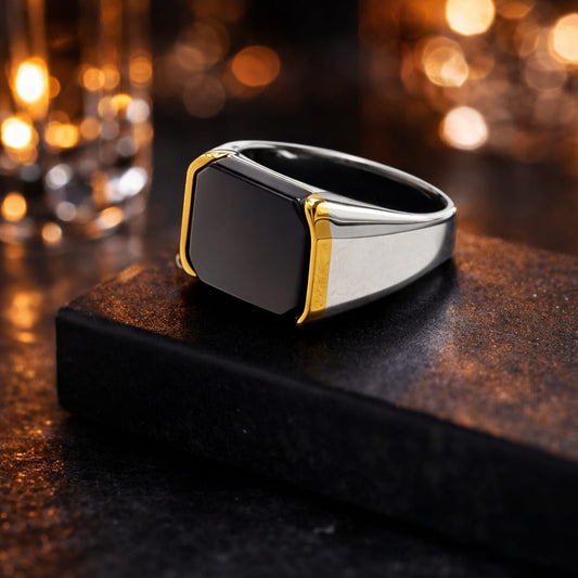 Men’s Black Stone Two-Tone Signet Ring