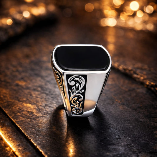 Royal Black Stone Silver Signet Ring for Men