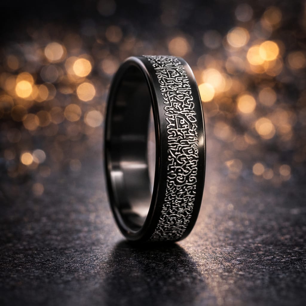 Islamic Ayat Engraved Black Stainless Steel Ring