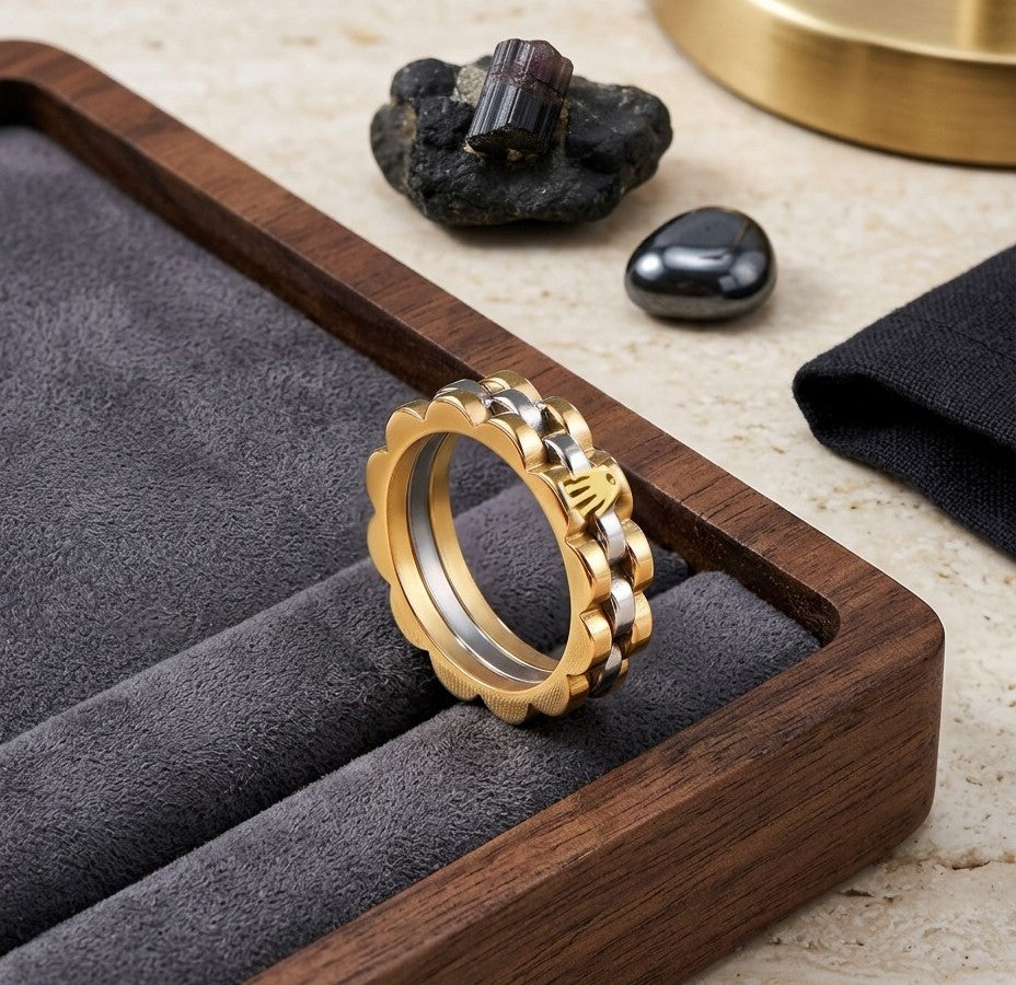 Luxury Two-Tone Jubilee Chain Ring – Rolex-Inspired Spinner Band for Men
