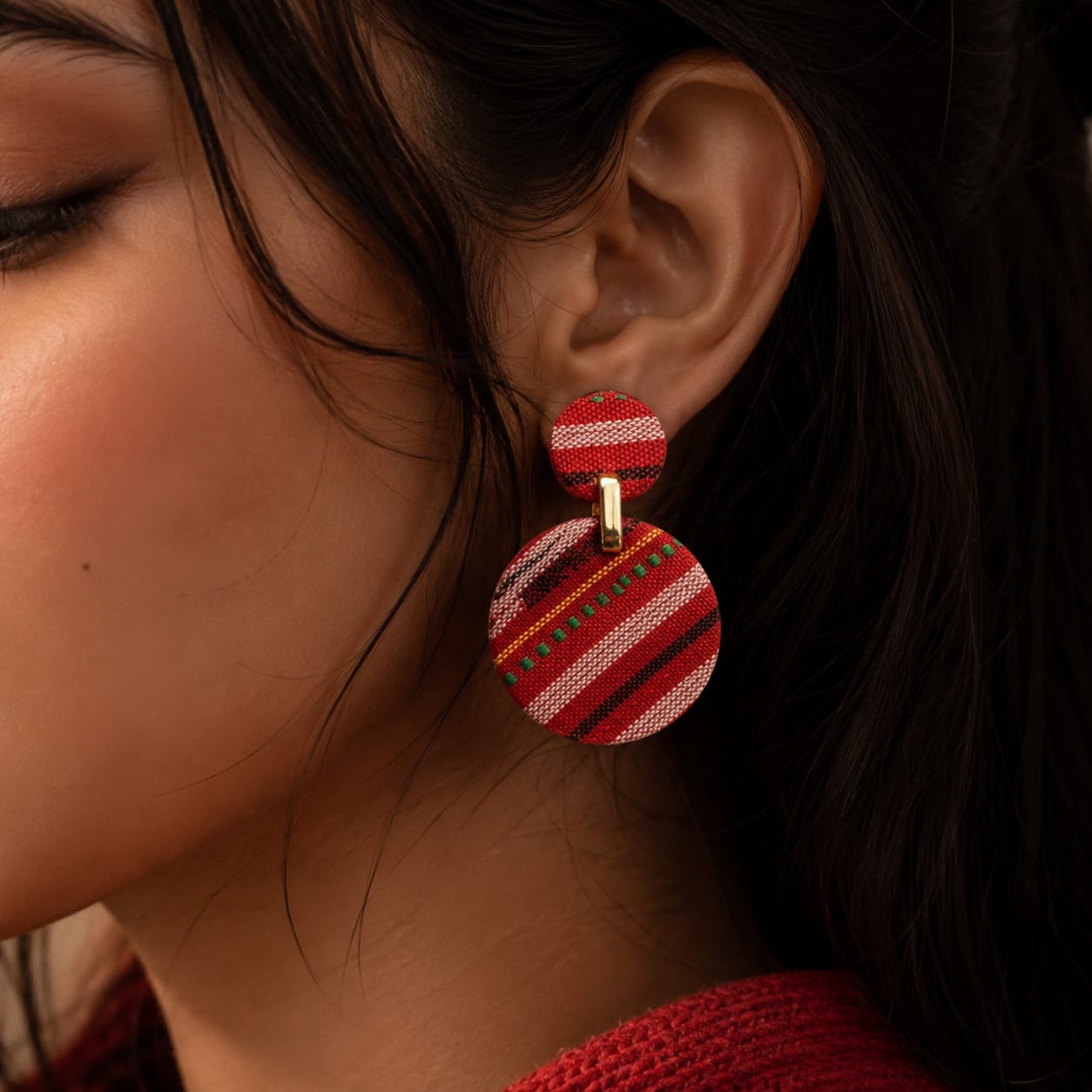 Ethnic Red Woven Fabric Statement Earrings