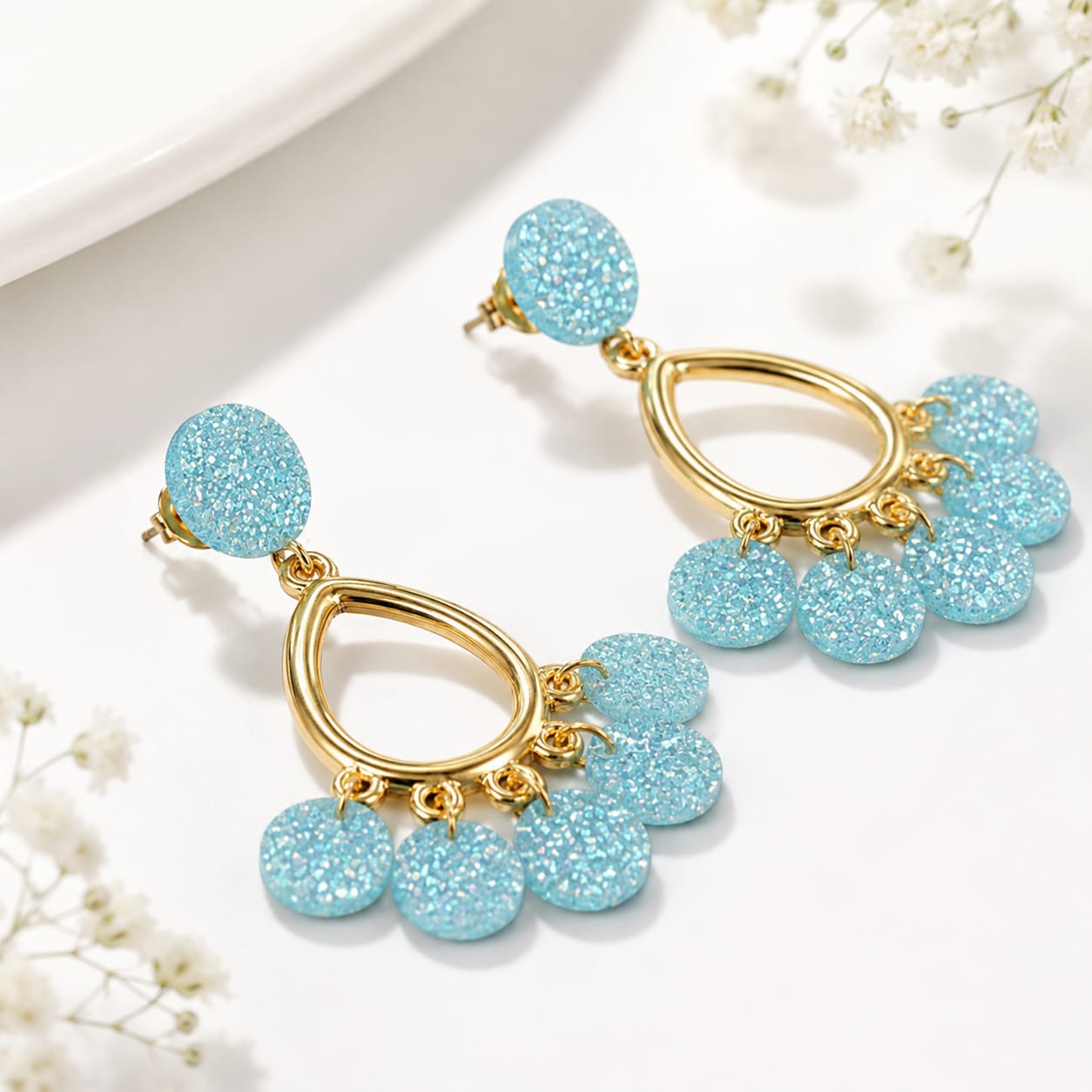 Sky Blue Crystal Drop Chandelier Earrings