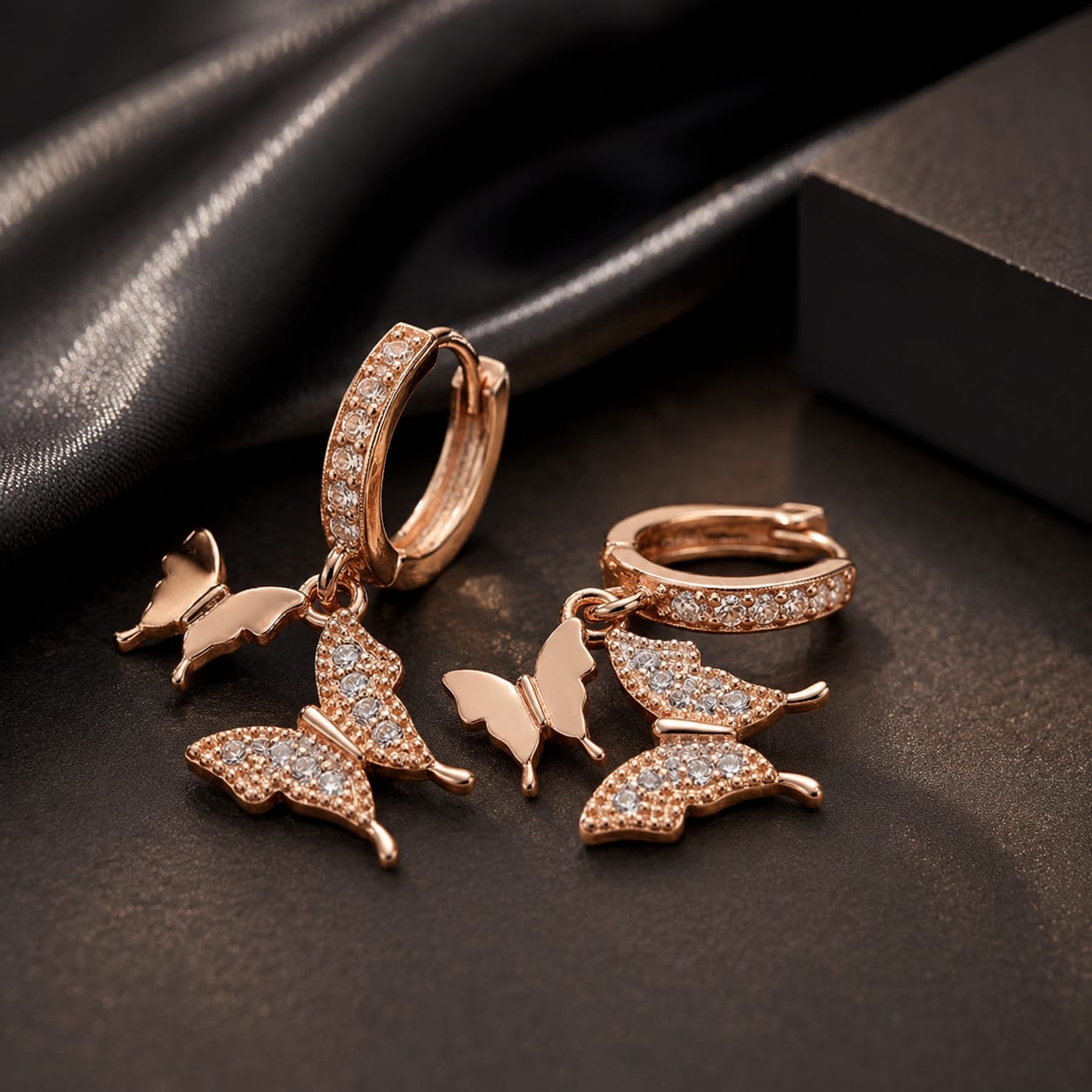 Rose Gold Butterfly Crystal Drop Earrings