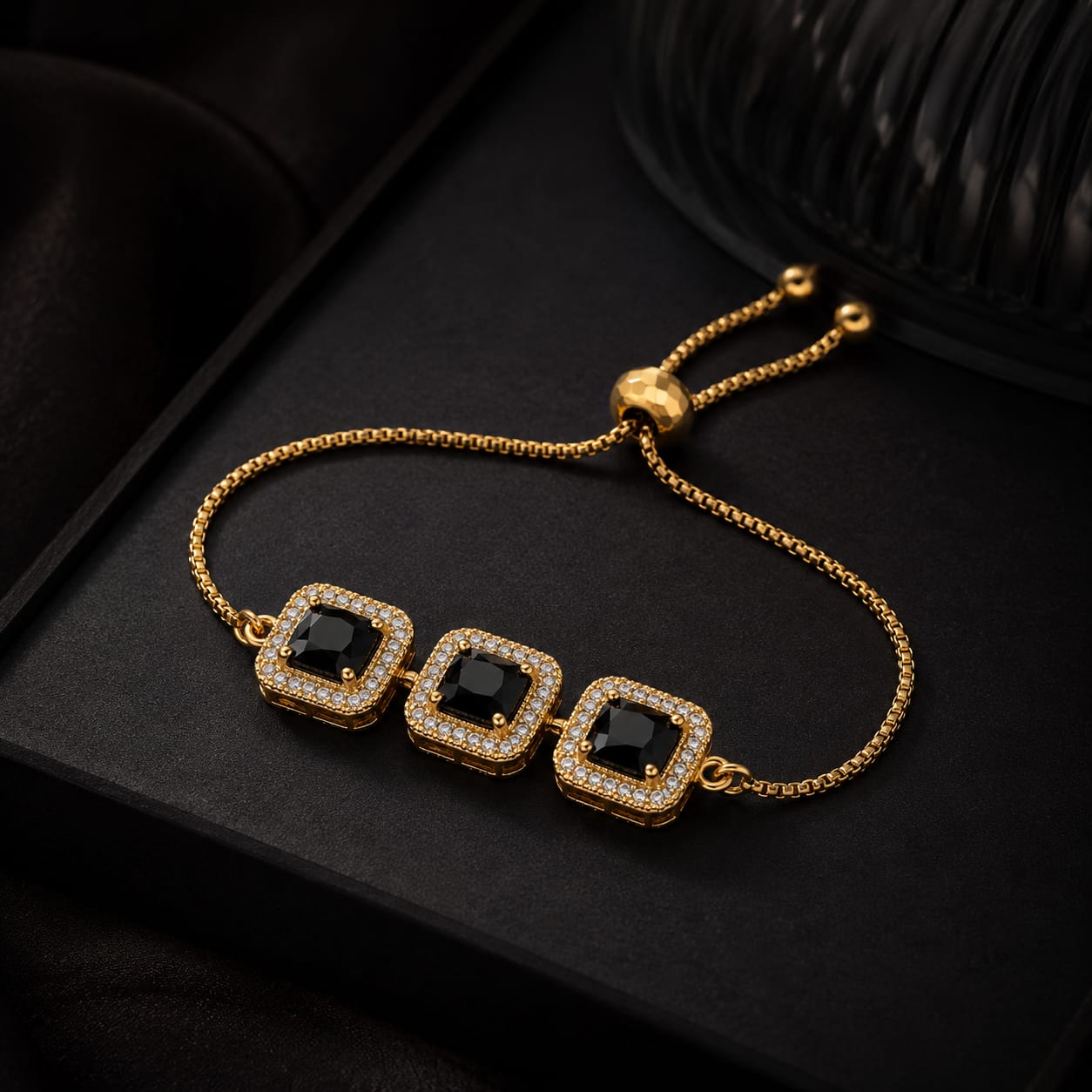 Royal Black Crystal Adjustable Gold Bracelet