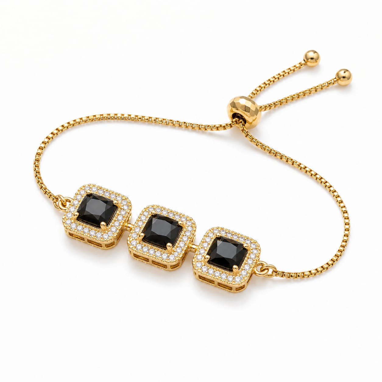 Royal Black Crystal Adjustable Gold Bracelet