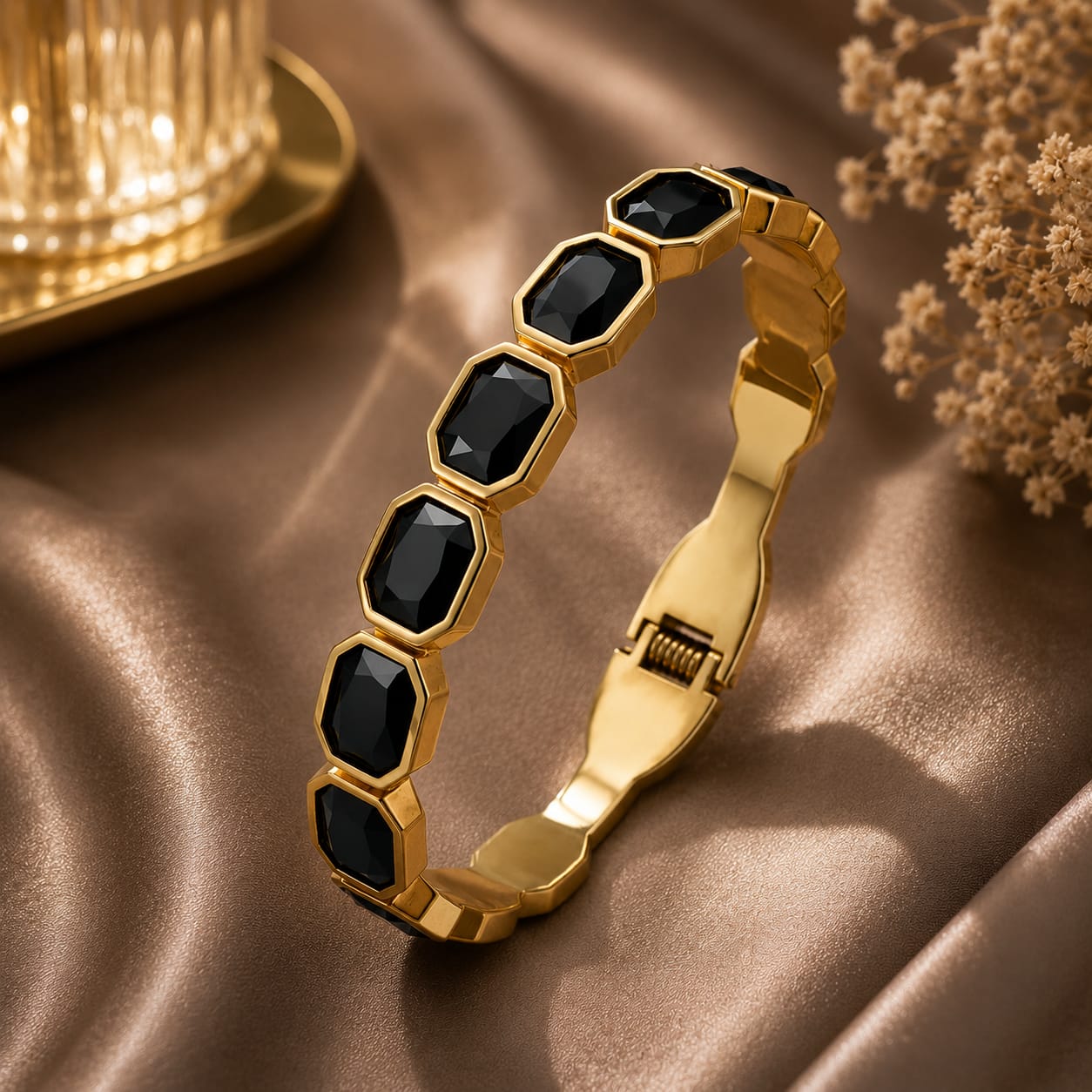 Black Onyx Hexagon Gold Bangle Bracelet