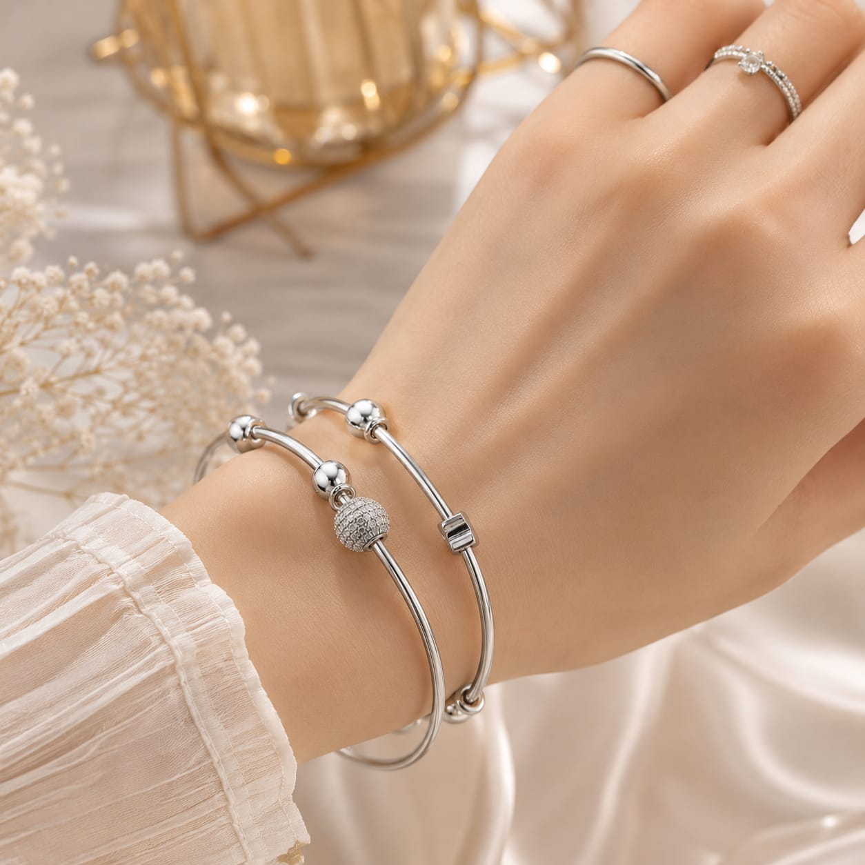 Elegant Silver Charm Bangle Bracelet