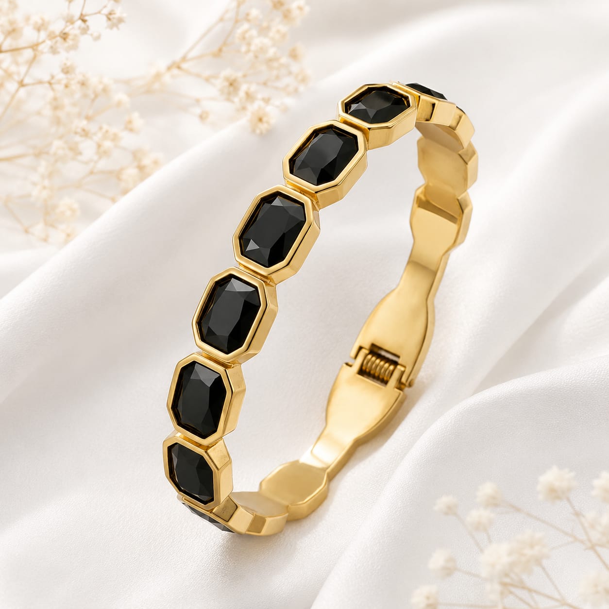 Black Onyx Hexagon Gold Bangle Bracelet