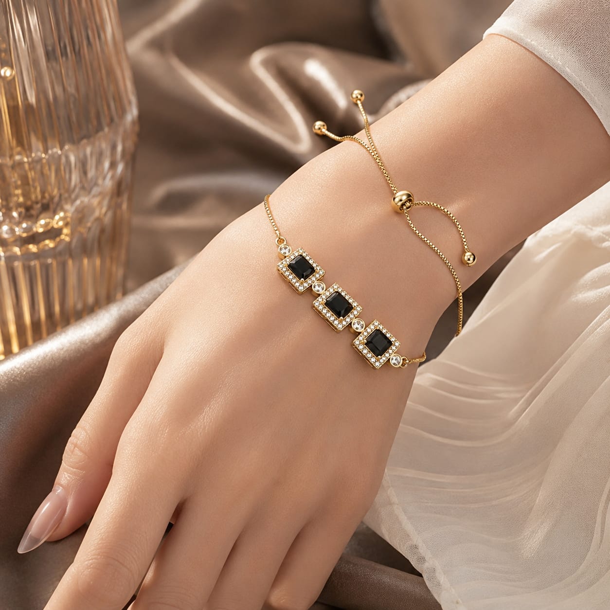 Black Onyx Crystal Adjustable Gold Bracelet