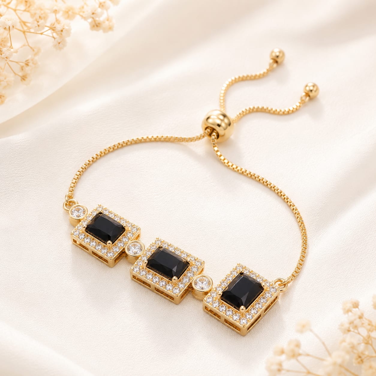Black Onyx Crystal Adjustable Gold Bracelet