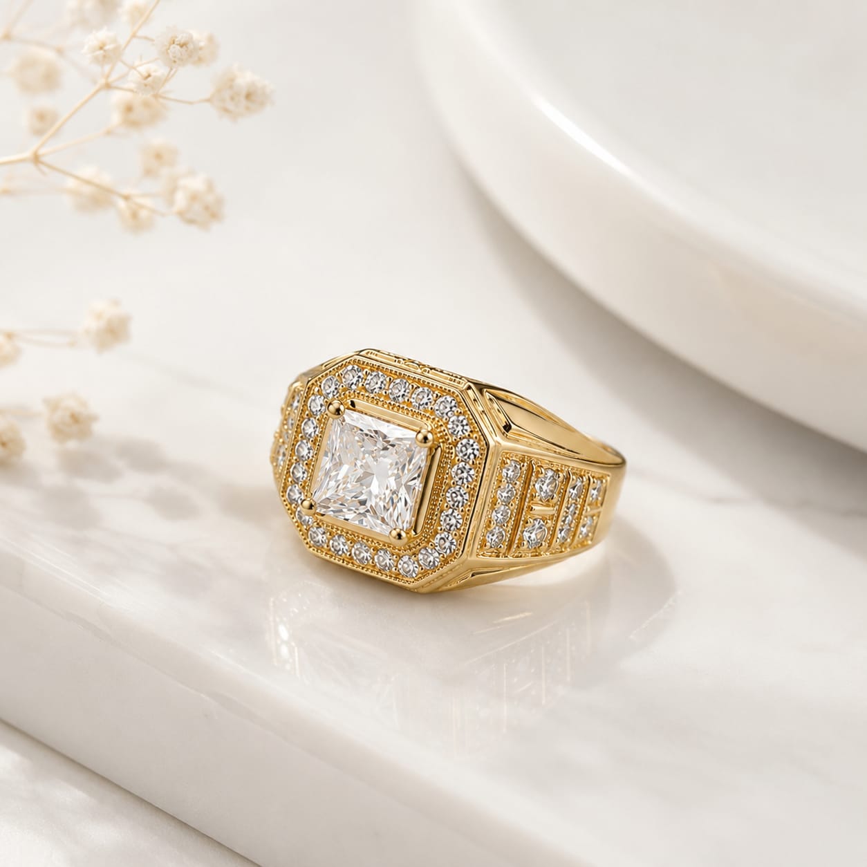 Royal Square Crystal Gold Statement Ring