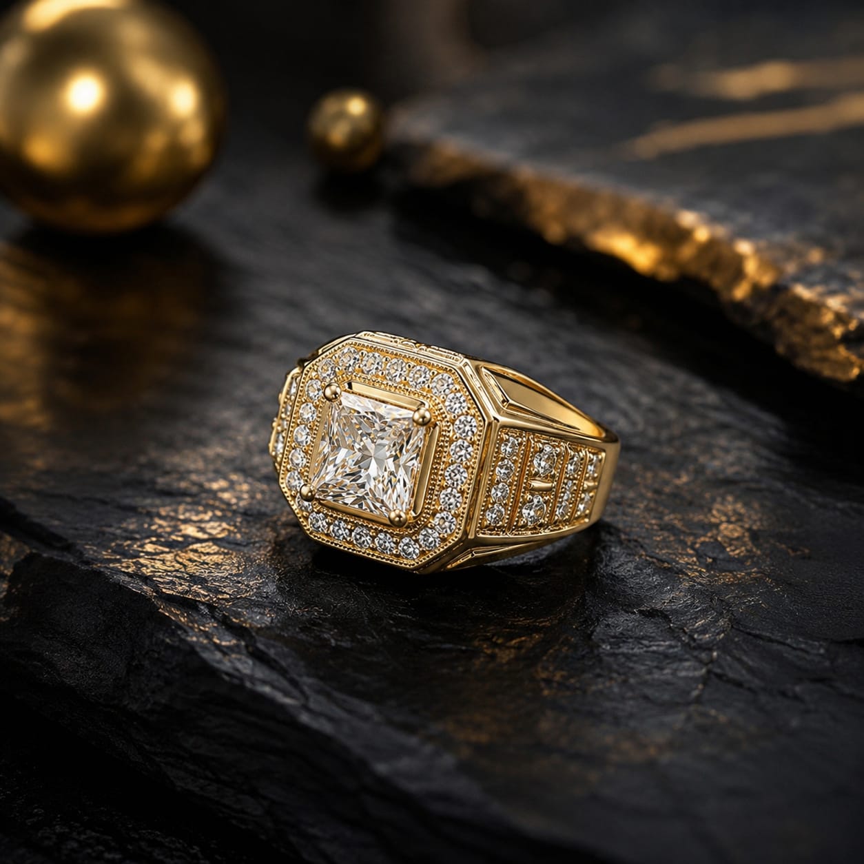 Royal Square Crystal Gold Statement Ring