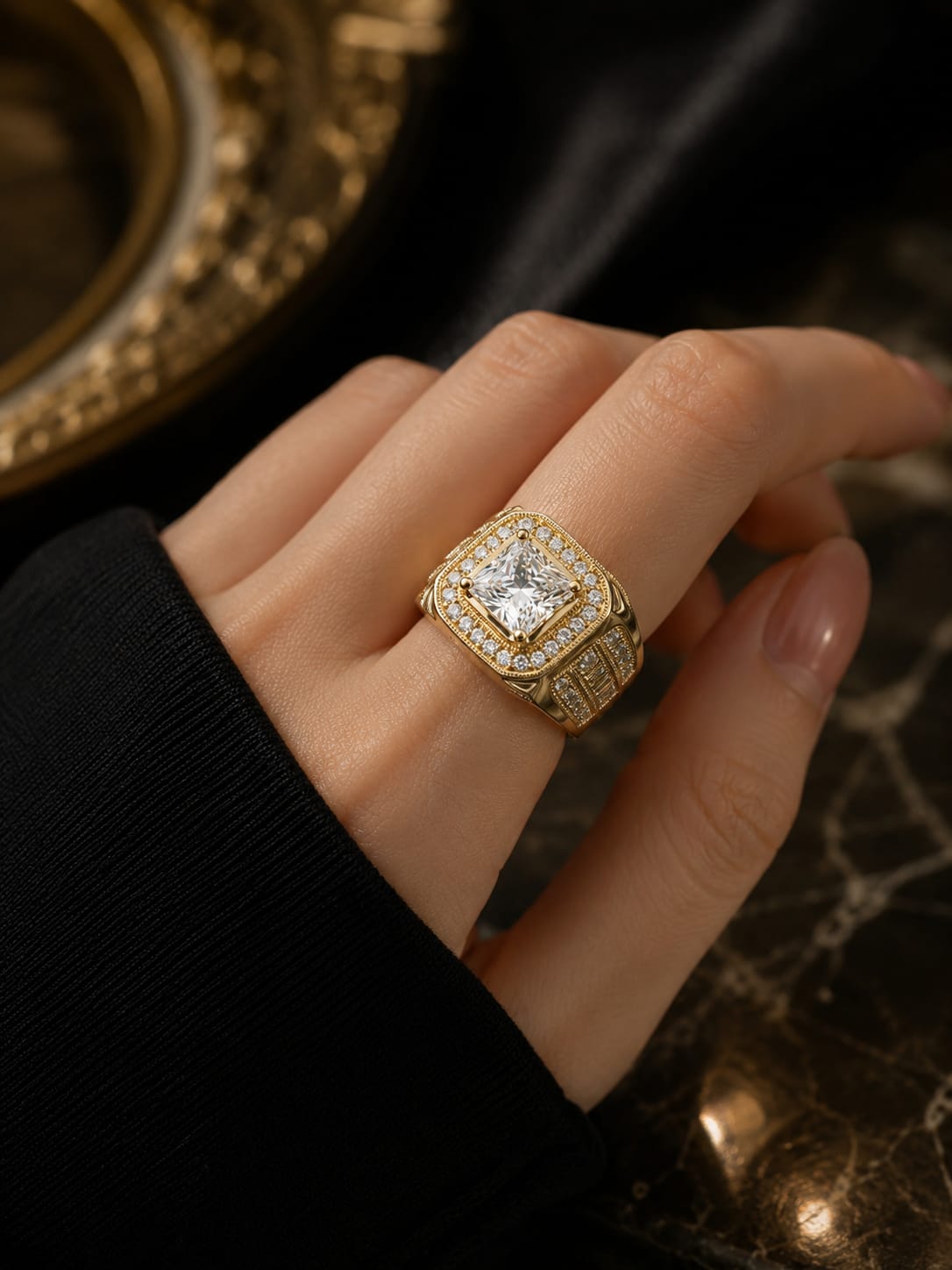 Royal Square Crystal Gold Statement Ring