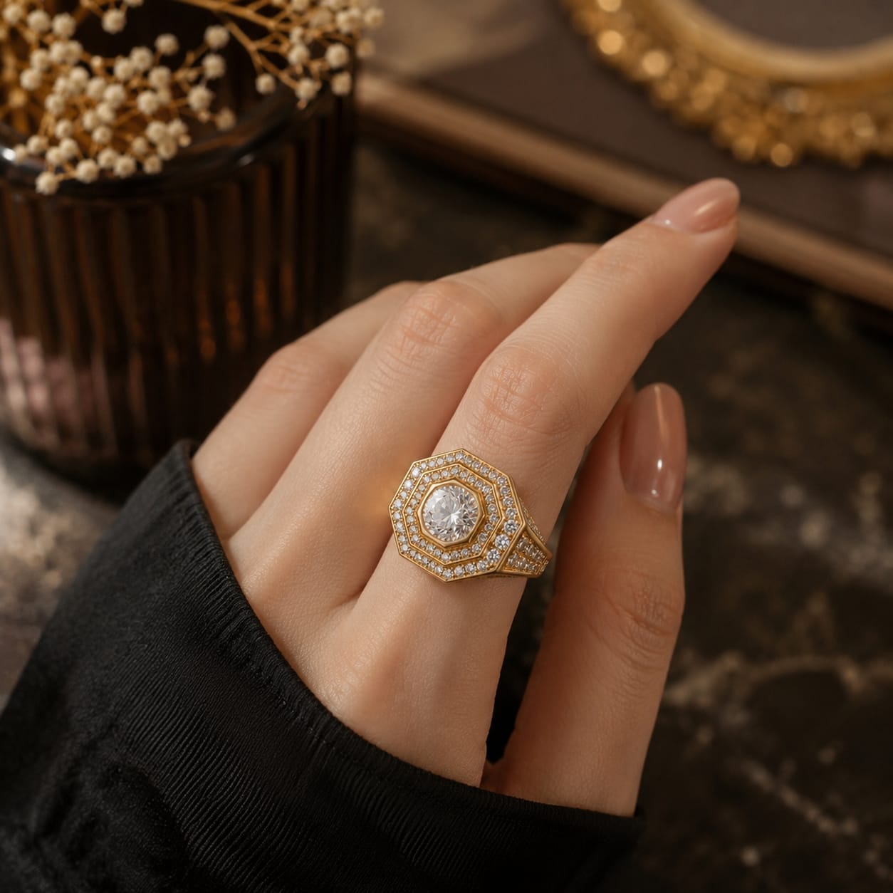 Royal Hexagon Diamond Statement Ring