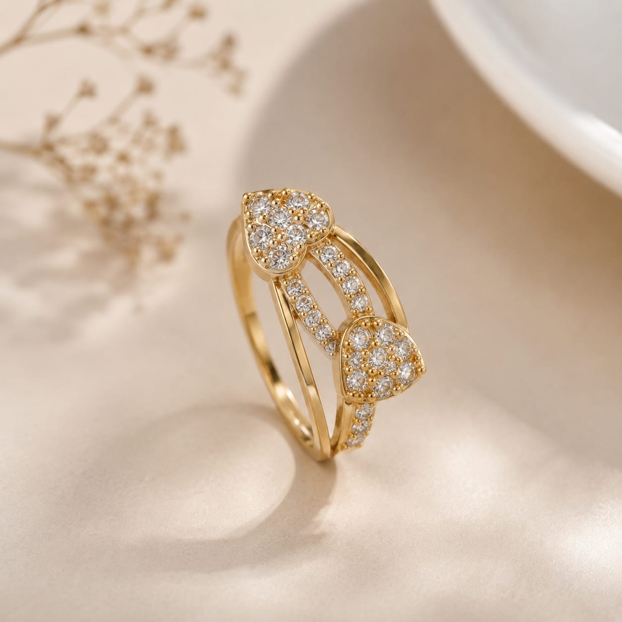Golden Twin Heart Crystal Ring