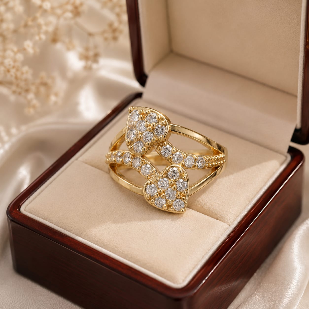 Golden Twin Heart Crystal Ring