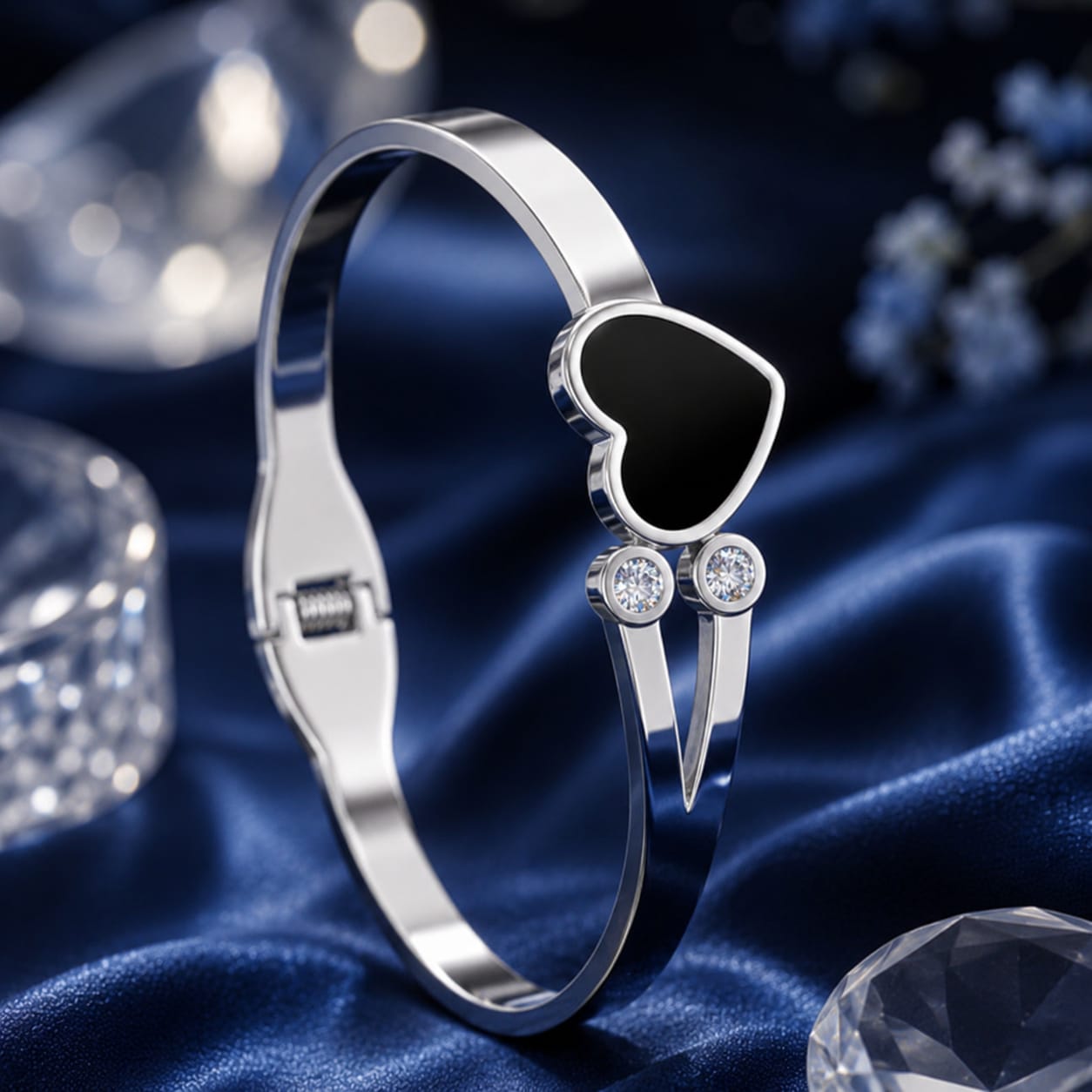 Black Heart Crystal Silver Bangle Bracelet