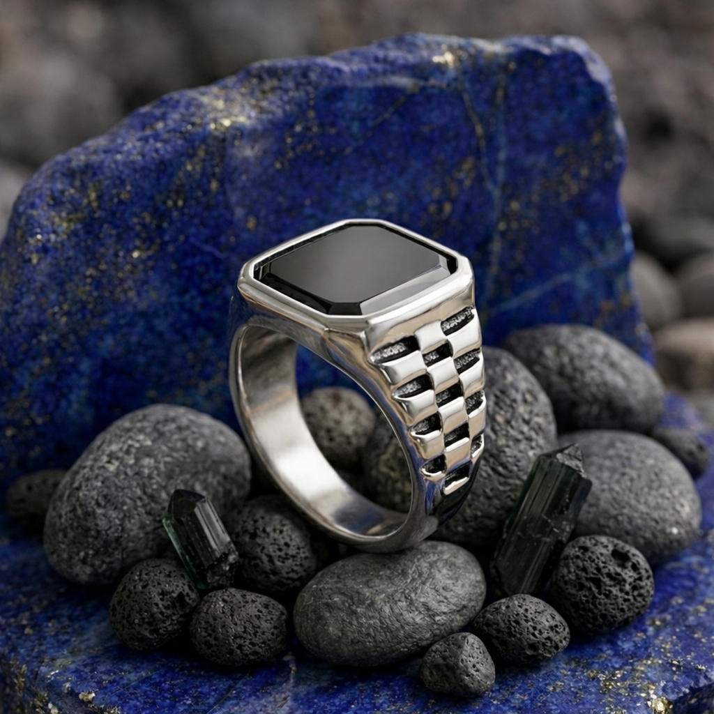 The Titan Onyx – Men’s Industrial Link Sterling Silver Signet Ring