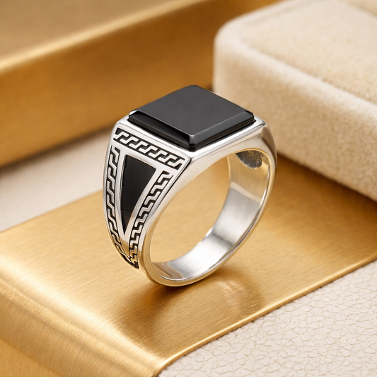 Black Onyx Geometric Silver Ring – Premium Men’s Statement Ring