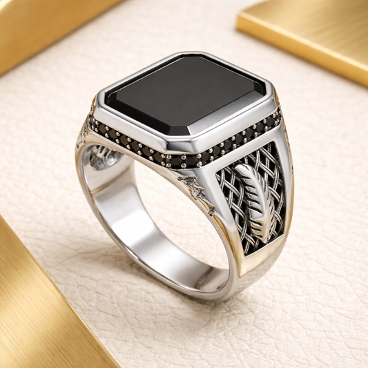 Obsidian Lattice Signet Ring – Sterling Silver Men’s Heritage Band