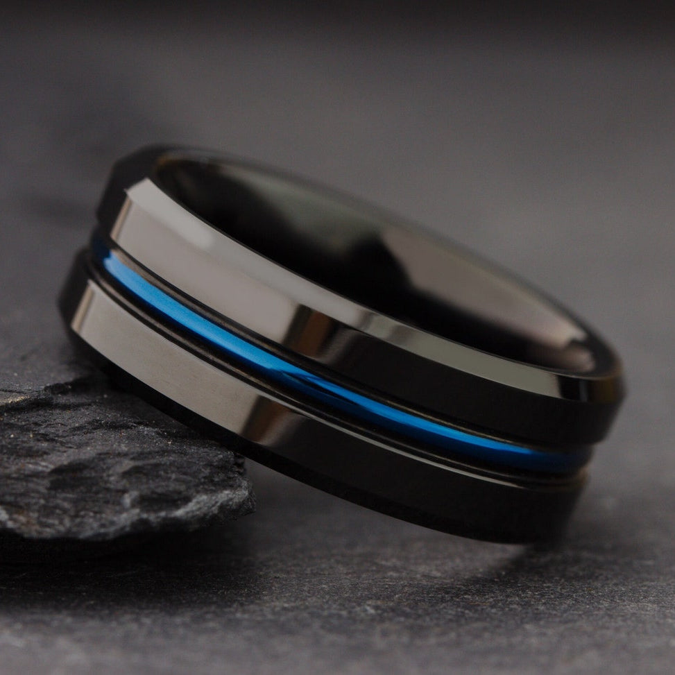 Matte Black & Electric Blue Grooved Band – Men Two Tone Ring